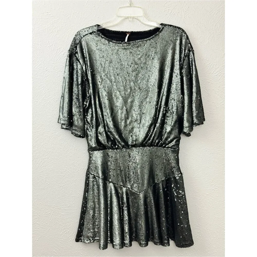 Free People Sequin Mini Dress Size Medium Silver Black Batwing Flawed AS-IS